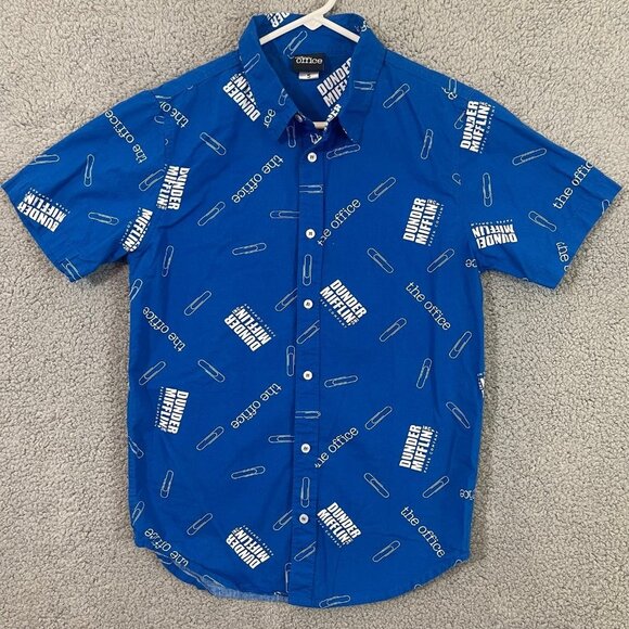 The Office Dunder Mifflin Men’s Small Blue Graphic Button Up‎ Short Sleeve Shirt - Picture 1 of 11